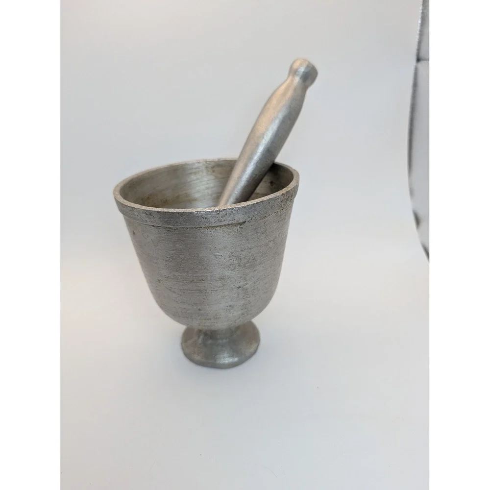 Vintage Cast Aluminum Footed Mortar Pestle Set Silver Rustic Apothecary Kitchen